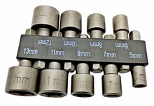 Laden Sie das Bild in den Galerie-Viewer, 10 - tlg Stecknuss Set 5,6,7,8,9,10,11,12,13 mm Sechskant Bits für Akkuschrauber, von oben – von Kraftfeld | Werkzeughandel - Feldmann