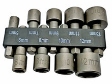 Laden Sie das Bild in den Galerie-Viewer, 10 - tlg Stecknuss Set 5,6,7,8,9,10,11,12,13 mm Sechskant Bits für Akkuschrauber, von oben – von Kraftfeld | Werkzeughandel - Feldmann