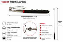 Laden Sie das Bild in den Galerie-Viewer, Teleskop Inspektionsspiegel 50 mm ausziehbar 72 cm Gelenkspiegel Werkstatt