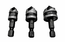 Laden Sie das Bild in den Galerie-Viewer, 3 tlg Senker Bohrer Kegelsenker Set Ø 12,16,19mm geschärft, von oben – von Kraftfeld | Werkzeughandel - Feldmann