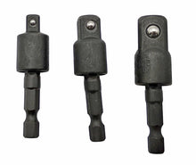 Laden Sie das Bild in den Galerie-Viewer, 3x Stecknuss Adapter Set mit 360° Gelenk 1/4" 3/8" 1/2" Nuss Aufnahme Nusshalter Nussaufnahme, Bit Antrieb für Akkuschrauber, gängiger 6,35mm Sechskant Schaft (=HEX 1/4") – von Kraftfeld | Werkzeughandel - Feldmann