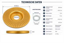 Laden Sie das Bild in den Galerie-Viewer, Technische Daten der Holz Raspelscheibe Ø 100 mm mit 22 mm Aufnahme für Winkelschleifer
