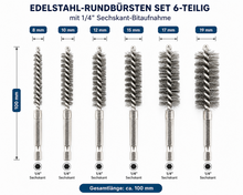 Laden Sie das Bild in den Galerie-Viewer, Kraftfeld Edelstahl Rundbürsten Set 6tlg mit 1/4 Zoll Bitaufnahme 8 bis 19mm jetzt online kaufen