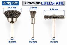 Laden Sie das Bild in den Galerie-Viewer, 3-tlg. Mini Edelstahl Drahtbürsten Set Ø 3mm Schaft 5/20/26mm Minischleifer