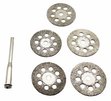 Laden Sie das Bild in den Galerie-Viewer, 5 Mini Diamant Trennscheiben mit 3 mm Aufspanndorn für Dremel-Zubehör von Kraftfeld | Werkzeughandel - Feldmann