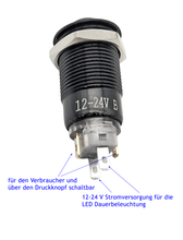 Laden Sie das Bild in den Galerie-Viewer, beleuchteter Druckknopf Schalter einrastend AN AUS,Ø 12mm,4pin, 12 - 24V,1A,IP65, details – von Kraftfeld | Werkzeughandel - Feldmann