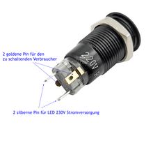 Laden Sie das Bild in den Galerie-Viewer, rot beleuchteter Druckknopf Schalter einrastend AN AUS,Ø 12mm,4pin, Details 220V,2A,IP65 – von Kraftfeld | Werkzeughandel - Feldmann