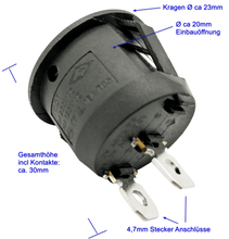 Laden Sie das Bild in den Galerie-Viewer, Schalter ON OFF,Snap in Ø ca 20mm, 2 pin / 2 polig,250 V, 6 A / 125V, 10A + 2 Kabel,Details – von Kraftfeld | Werkzeughandel - Feldmann