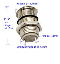 Laden Sie das Bild in den Galerie-Viewer, Vollmetall Druckknopf Metall Schalter einrastend AN AUS, Ø 12mm, 2 pin, 36 V, 2A, IP 67 , Details – von Kraftfeld | Werkzeughandel - Feldmann