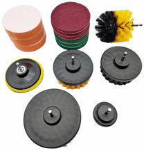 Laden Sie das Bild in den Galerie-Viewer, 15 tlg Bit Bürsten Set 1/4 HEX für Akkuschrauber Ø50,100,120mm Klett Aufsätze
