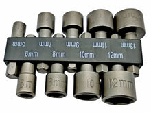Laden Sie das Bild in den Galerie-Viewer, 10-tlg Stecknuss Set 5,6,7,8,9,10,11,12,13 mm Sechskant Bits für Akkuschrauber
