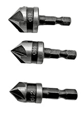 Laden Sie das Bild in den Galerie-Viewer, 3 tlg Senker Bohrer Kegelsenker Set Ø 12,16,19mm geschärft für Akkuschrauber Sechskant Bit HEX für Holz, Faserplatten, Spanplatten, Sperrholz, Kunststoff, Aluminium – von Kraftfeld | Werkzeughandel - Feldmann
