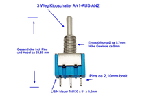 Laden Sie das Bild in den Galerie-Viewer, 3 Wege Kippschalter AN1 AUS AN2, Einbauöffnung Ø ca 5,7mm, 3 Pin, 250 V 3A, 125V 6A, Details– von Kraftfeld | Werkzeughandel - Feldmann
