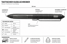Laden Sie das Bild in den Galerie-Viewer, Taktischer Kugelschreiber aus Aluminium mit Glasbrecher, Maße und technische Daten – Kraftfeld von Werkzeughandel Feldmann
