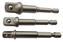Laden Sie das Bild in den Galerie-Viewer, 3x Stecknuss Adapter Set 1/4&quot; 3/8&quot; 1/2&quot; für Akkuschrauber Sechskant Bit Aufnahme – von Kraftfeld | Werkzeughandel - Feldmann
