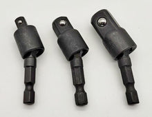 Laden Sie das Bild in den Galerie-Viewer, 3x Stecknuss Adapter Set mit 360° Gelenk 1/4&quot; 3/8&quot; 1/2&quot; Nuss Aufnahme Nusshalter Nussaufnahme, Bit Antrieb für Akkuschrauber, gängiger 6,35mm Sechskant Schaft (=HEX 1/4&quot;) – von Kraftfeld | Werkzeughandel - Feldmann
