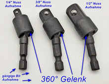 Laden Sie das Bild in den Galerie-Viewer, 3x Stecknuss Adapter Set mit 360° Gelenk 1/4&quot; 3/8&quot; 1/2&quot; Nuss Aufnahme Nusshalter Nussaufnahme, Bit Antrieb für Akkuschrauber, gängiger 6,35mm Sechskant Schaft (=HEX 1/4&quot;) – von Kraftfeld | Werkzeughandel - Feldmann
