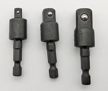 Laden Sie das Bild in den Galerie-Viewer, 3x Stecknuss Adapter Set mit 360° Gelenk 1/4&quot; 3/8&quot; 1/2&quot; Nuss Aufnahme Nusshalter Nussaufnahme, Bit Antrieb für Akkuschrauber, gängiger 6,35mm Sechskant Schaft (=HEX 1/4&quot;) – von Kraftfeld | Werkzeughandel - Feldmann
