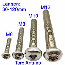 Laden Sie das Bild in den Galerie-Viewer, Linsenkopfschrauben Torx M6,M8,M10,M12 30-120mm Vollgewinde Edelstahl A2 V2A VA DIN ISO 7380 Maschinenschrauben  Inenbereich und Außenbereich geeignet. Maschinenbau, Metallbau, Garten, Terrasse
