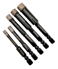 Laden Sie das Bild in den Galerie-Viewer, 5-teiliges Diamant-Trockenbohrer-Set mit ¼&quot; Sechskant für Keramik, Fliesen,Marmor &amp; Glas – Kraftfeld | Werkzeughandel Feldmann
