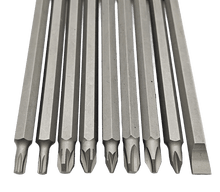 Laden Sie das Bild in den Galerie-Viewer, 9tlg Bit Set lang 150mm Torx: T 15,T 20, Kreuz: PZ1,2,3,PH1,PH2,PH3,Schlitz: 7mm – von Kraftfeld | Werkzeughandel - Feldmann
