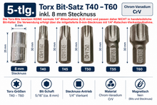 Laden Sie das Bild in den Galerie-Viewer, 5-tlg Torx Bit-Satz CrV T40,T45,T50,T55,T60 +8 mm Stecknuss für 1/4" Ratsche