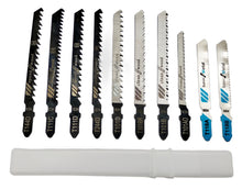 Laden Sie das Bild in den Galerie-Viewer, T Schaft Stichsägeblätter Set 10 tlg. Hochcarbohnstahl HCS T-Schaft für Stichsäge für Holz Metall ALU Kunststoff Kraftfeld Sägeblätter in Box
