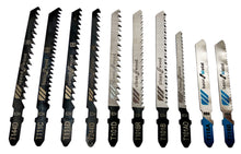 Laden Sie das Bild in den Galerie-Viewer, T Schaft Stichsägeblätter Set 10 tlg. Hochcarbohnstahl HCS T-Schaft für Stichsäge für Holz Metall ALU Kunststoff Kraftfeld Sägeblätter in Box
