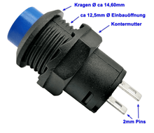 Laden Sie das Bild in den Galerie-Viewer, Druck Knopf Schalter AN AUS, Knopf einrastend, blau, Ø 12,5mm, 2 pin / 2 polig, 250 V,1.5 A / 125V,3A Auto, Elektronik, Modellbau, Hobby – von Kraftfeld | Werkzeughandel - Feldmann
