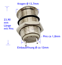 Laden Sie das Bild in den Galerie-Viewer, Vollmetall Druckknopf Metall Schalter einrastend AN AUS, Ø 12mm, 2 pin, 36 V, 2A, IP 67
