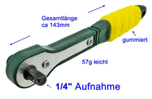 Laden Sie das Bild in den Galerie-Viewer, kompakte Mini Doppelratsche Knarre Umschaltknarre 1/4&quot;Zoll für Stecknuss + HEX 1/4&quot; Sechskant Bit Aufnahme – von Kraftfeld | Werkzeughandel - Feldmann
