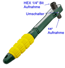 Laden Sie das Bild in den Galerie-Viewer, kompakte Mini Doppelratsche Knarre Umschaltknarre 1/4&quot;Zoll für Stecknuss + HEX 1/4&quot; Sechskant Bit Aufnahme – von Kraftfeld | Werkzeughandel - Feldmann
