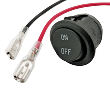 Laden Sie das Bild in den Galerie-Viewer, Schalter ON OFF,Snap in Ø ca 20mm,  2 pin / 2 polig,250 V, 6 A / 125V, 10A + 2 Kabel, von vorne  – von Kraftfeld | Werkzeughandel - Feldmann
